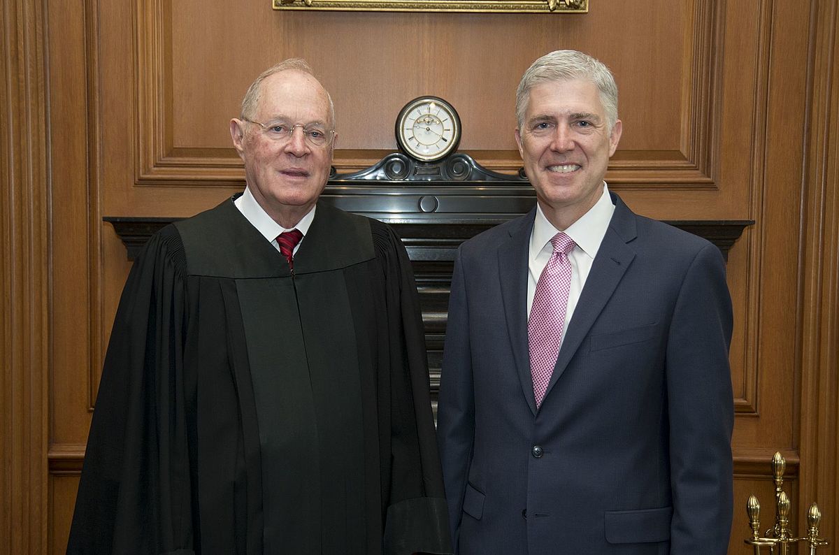 Supreme Court Justices Anthony Kennedy and Neil Gorsuch on April 10, 2017 following Kennedy's swearing in of Gorsuch as a Supreme Court Judge. Kennedy announced that he is planning to retire Wednesday morning.