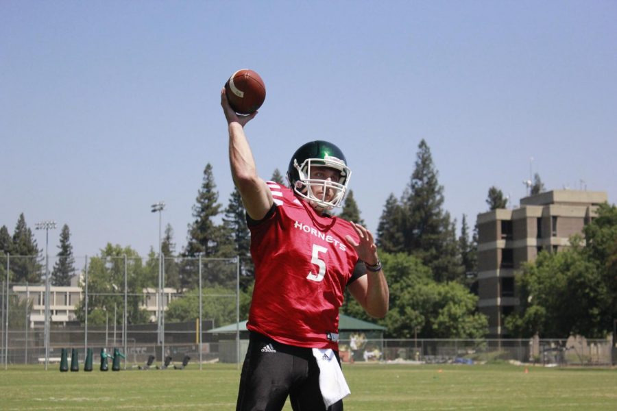 Sacramento+State+senior+quarterback+Kevin+Thomson+throwing+a+pass+during+practice+Aug.+15.+Thomson+scored+26+touchdowns+while+turning+the+ball+over+just+three+times+a+season+ago.