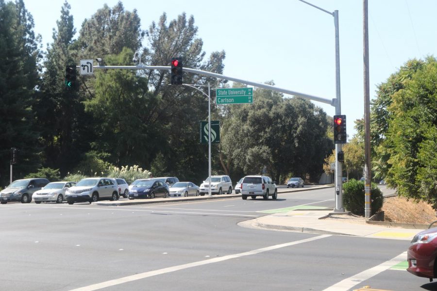 The corner of State University Ave. and J Street on Tuesday morning. Cyclist Shane Neal was struck by a truck this morning while headed to campus.