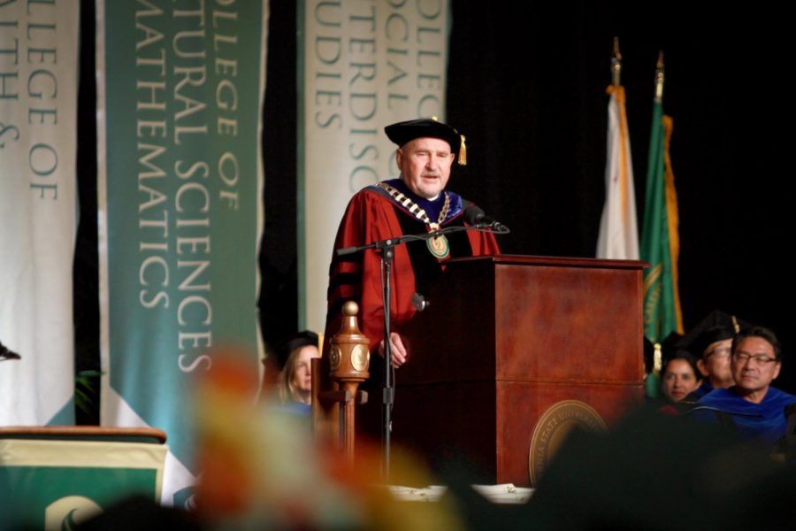 Sac State President Robert Nelsen addresses a crowd of graduating students during the Spring 2018 graduation ceremony at Golden 1 Center in Sacramento, Calif. on Saturday, May 19, 2018. Nelsen is currently undergoing a scheduled review of his time at Sac State conducted by the CSU Board of Trustees and Chancellor Timothy White.