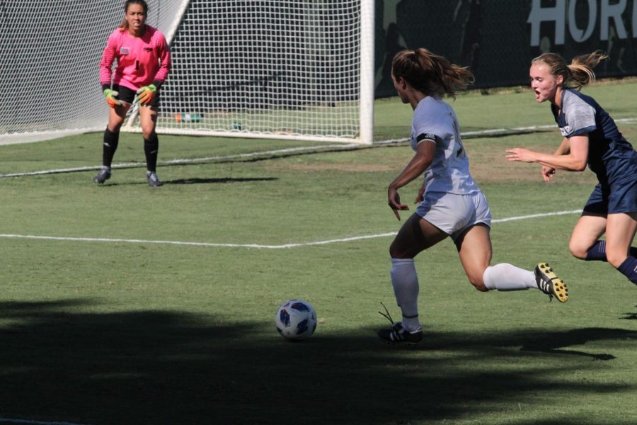 Sacramento State Hornets midfielder Caitlin Prothe makes a drive towards the goal to try to score a goal. The Hornets were able to win their first match against Nevada 3-2 on Sept. 7 at Hornet Field.