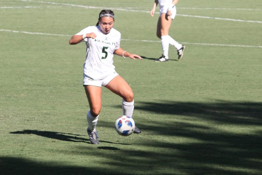 Sacramento State Hornets forward Kylee Kim-Bustillos looks to get possession of the ball. The Hornets was able to win their first match against Nevada 3-2 on Sept. 7 at the Hornet Field.