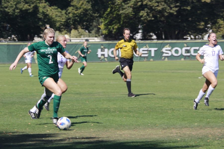 Sac State sophomore midfielder Skylar Littlefield dribbles up the field in a 1-0 loss to Weber State on Sunday at Hornet Field.