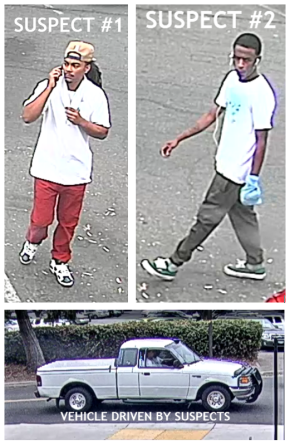 Two suspects in a series of smash and grab thefts on Wednesday, Sept. 12, and their vehicle as captured by campus security cameras. The suspect in red was arrested by police early Monday while driving the pickup truck.