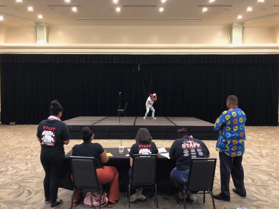 From left to right, Gabriela Mascoll, Tynisha Jones, Danielle Carr, Audriana Berry, and Ajamu Lamumba watch Sac State student Kevin Gutierrez perform his freestyle hip hop routine in the University Union Ballroom on Thursday, Sept. 20, 2018.