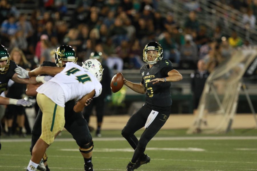 Sac State senior quarterback Kevin Thomson looks to pass during the Hornets 41-27 loss to Cal Poly on Oct. 6. The Hornets head to Southern Utah to continue Big Sky Conference play on Saturday at 5 p.m.