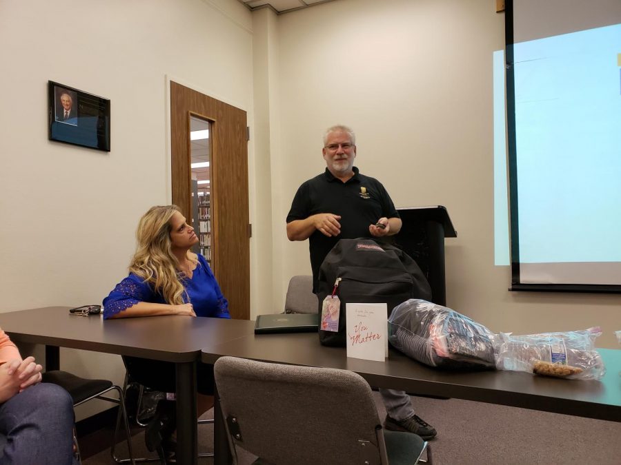 Dawn Nahhas (Left) and the Don Nahhas (right) of the Josh's Heart charity giving a presentation to Our Promise in the library on Monday, Sept. 17. The Josh's Heart charity is the top recipient of the donations from Sac State via the Our Promise campaign.