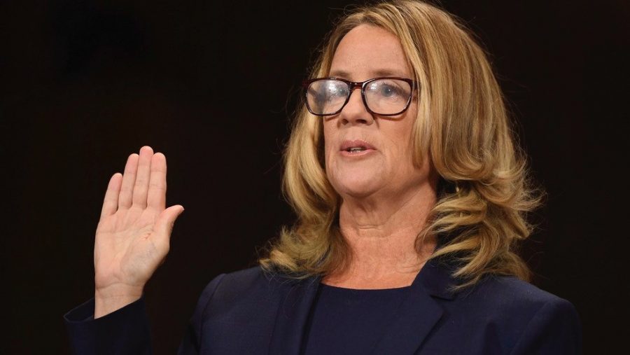 Christine Blasey Ford is sworn in to testify before the Senate Judiciary Committee on Capitol Hill in Washington, Thursday, Sept. 27, 2018. (Saul Loeb/Pool Photo via AP)