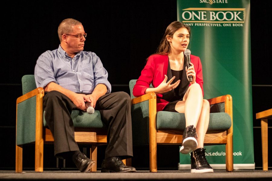 Wayne (Left) and Nicole Maines (right) speaking at the One Book Day event in the University Union Ballroom on Thursday night at Sac State. The book Becoming Nicole: The Transformation of an American Family has been chosen by the One Book Program to be the book read across all of Sac States first-year seminar classes.