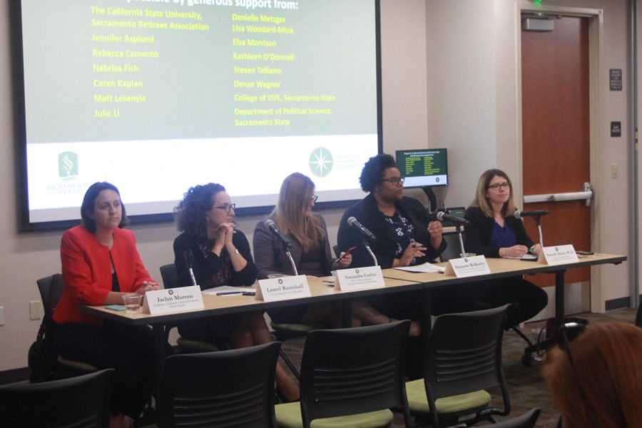 A panel of women involved in politics speak about the impact of the #WeSaidEnough letter one year at the Downtown Sacramento State Campus. The letter published originally in the Los Angeles Times acted as a rallying point for women in the legislature to come forward and speak out about the pervasive attitudes involving sexual harassment in the capitol.