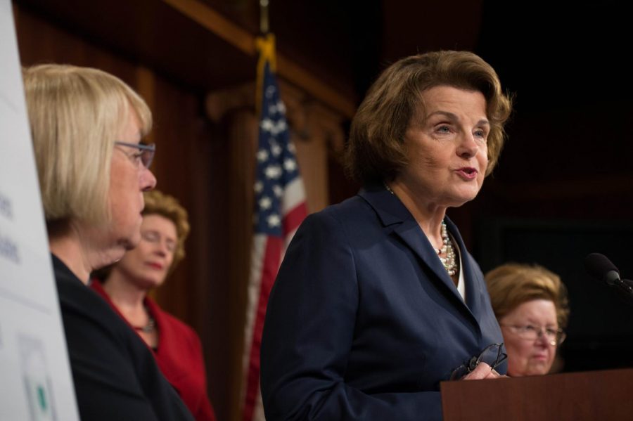 Dianne Feinstein in 2014 giving a speech on how student loans affect female students greater than men. Feinstein is running in the Nov. 6, 2018 election, seeking her 6th term as U.S. Senator.