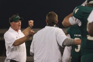 Sac State head coach Jody Sears instructs his team during the Hornets 41-15 loss to North Dakota on Oct. 20.  Sears was fired on Monday after five seasons at Sac State with an overall record of 20-35 [13-26 Big Sky].