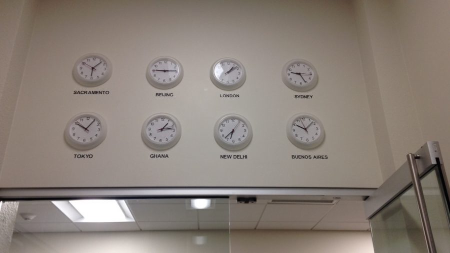 The International Programs and Global Engagement office displays clocks that tell the time from cities around the world, like Sacramento, Beijing or New Delhi Friday, Nov. 9, 2018. IPGE is hosting World Language Day, an international fashion show, global film screenings, and more for International Education Week.