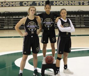 Juniors (from left to right) Kennedy Nicholas, Tiara Scott and Hannah Friend, re-enact the Cleveland Cavaliers famous Big 3 photo from Sports Illustrated in 2014. With the departure of Maranne Johnson and Justyce Dawson, the trio take on a bigger leadership role with the team.