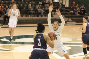Sac State junior forward Hannah Friend guards an Antelope Valley player during the Hornets 86-80 win Saturday.