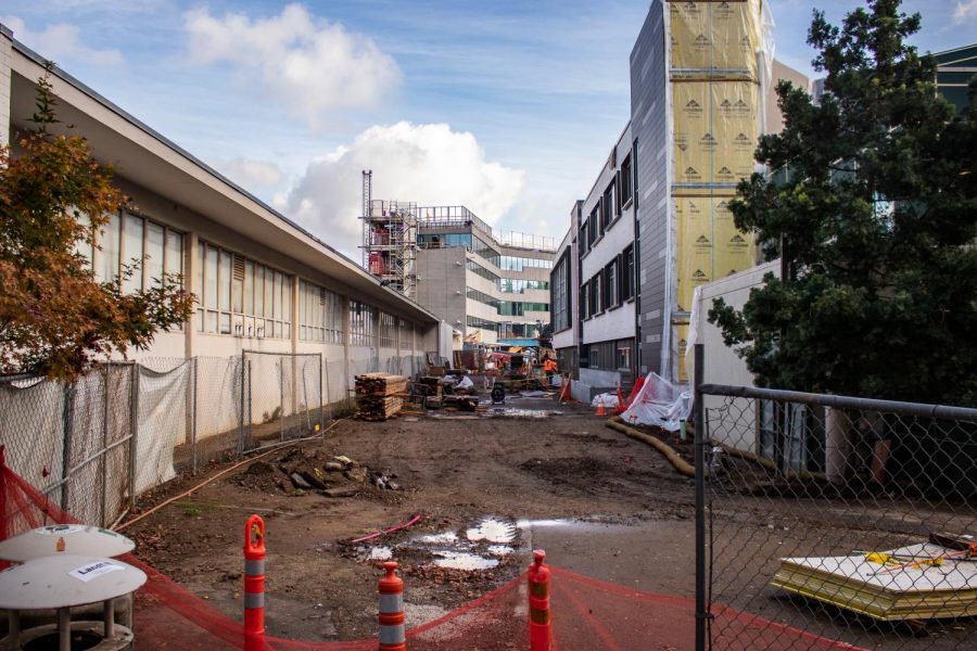 Crews work on the the University Union expansion and Science II construction projects at Sacramento State on Friday, Nov. 30. Construction costs on campus have been up and coming for the past two years.