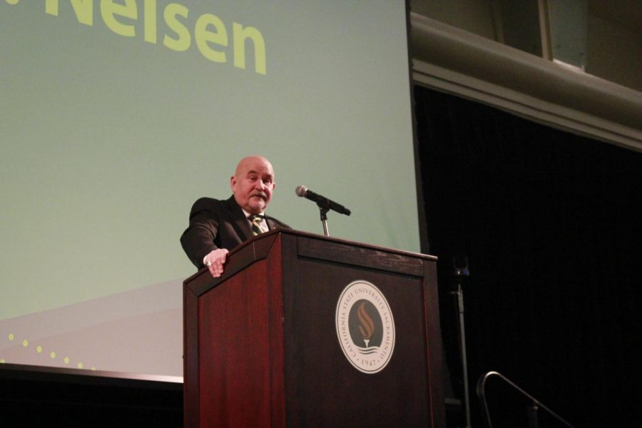 President Robert Nelsen speaks at the 2018 fall address. The 2019 spring address will be replaced with a town hall.