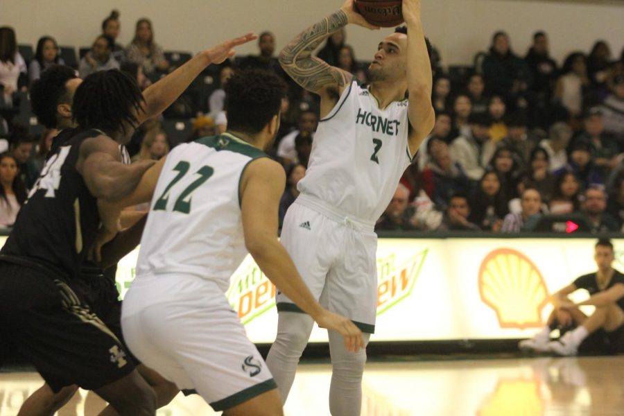 Sac State senior guard Izayah Mauriohooho-Leafa shoots in the first half of the Hornets 69-48 win against University of Idaho on Jan. 24 at the Nest. The senior currently leads the team in 3-point shot attempts and makes.