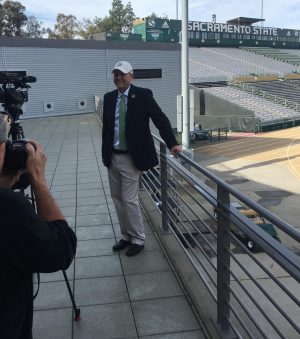 Sac State football coach Troy Taylor overlooks the football stadium he will be coaching in. Taylor was named head coach on Dec. 17, 2018 after the Hornets fired Jody Sears. 