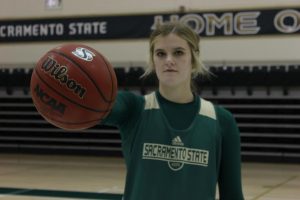 Sac State junior forward Kennedy Nicholas poses for a portrait at the Nest. Nicholas is currently ranked seventh in the nation in offensive rebounds per game (4.6) and thirteenth in total rebounds per game (11.5). 