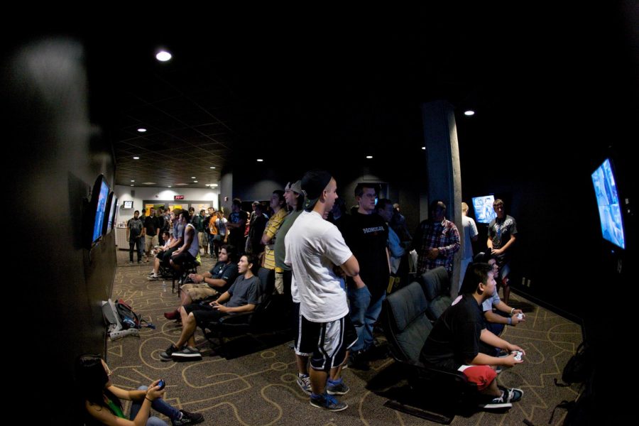 Games Room overview of the black lounge seating area where students played video games prior to closure and Union construction. New Games Room set to reopen this spring.