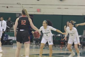 Sac State junior guard Tiara Scott defends Idaho State freshman guard Callie Bourne in a 56-42 loss to the Bengals on Jan. 31. Scott finished with 10 points, 4 assists and 4 steals.