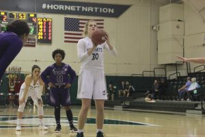 Sac State junior forward Kennedy Nicholas shoots a free throw during the Hornets 77-62 win over Weber State at the Nest on Saturday. Nicholas had 20 points and 12 rebounds (5 offensive) and four blocks for her fifth double-double in the last six games.

