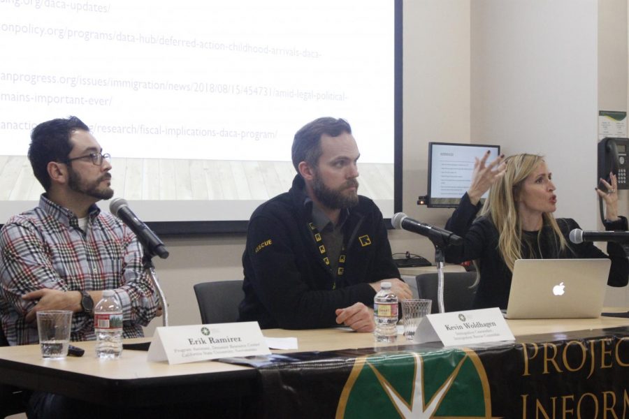 Erik Ramirez, Kevin Woldhagen and Kristina Victor discuss immigration topics with students at Sac States downtown campus Feb. 26. The topics the panel discussed ranged from immigration enforcement, the International Rescue Committee, and the Deferred Action for Childhood Arrivals.