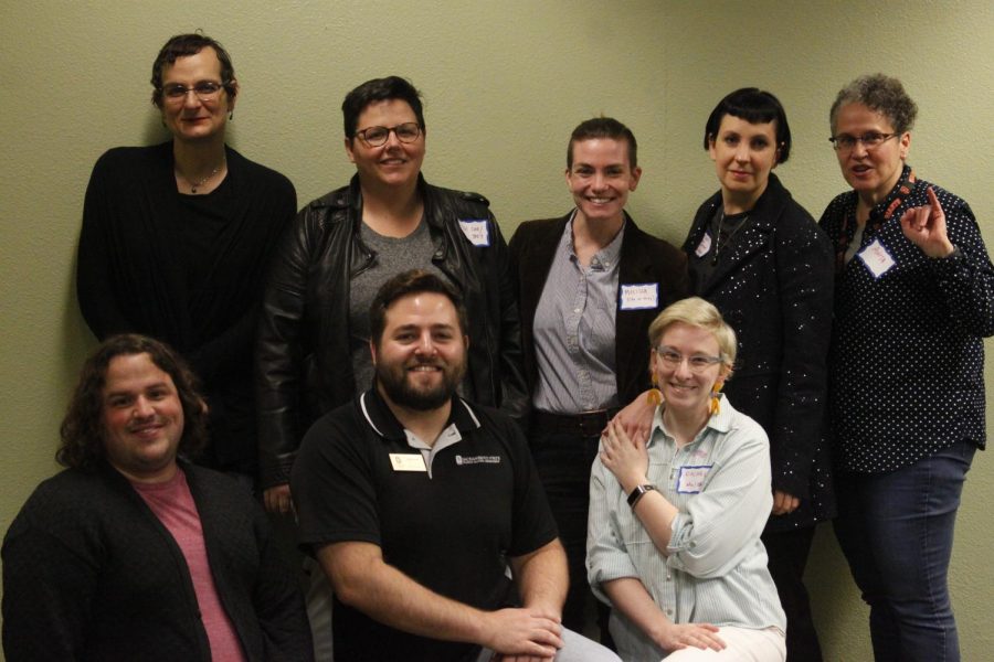 Members of the Queer and Trans Faculty and Staff group including Erin Mahoney, Advocacy Chair (top, second from the left) pose for a group picture after spending time the QTFAS Luncheon Wednesday Feb. 6. QTFAS use the monthly lunches to foster a sense of community among queer faculty members at Sac State.
