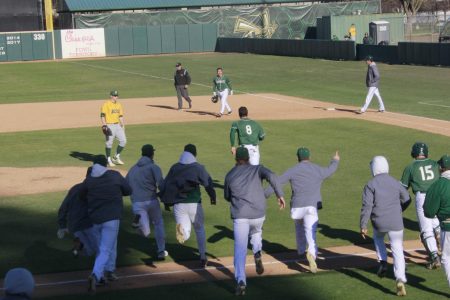 Sophomore infielder Nick Iwasa (top center) shouts in excitement after hitting a walk-off single in a 2-1 win over North Dakota St. on Sunday, Feb. 17 at John Smith Field. The Hornets swept the doubleheader to win the season-opening series.