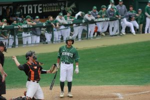 Sac State sophomore infielder Keith Torres steps away from the plate in between pitches in a 6-2 loss to Pacific on Feb. 24 at John Smith Field. Torres hit well over the weekend going 6-17 against the Tigers over four games.