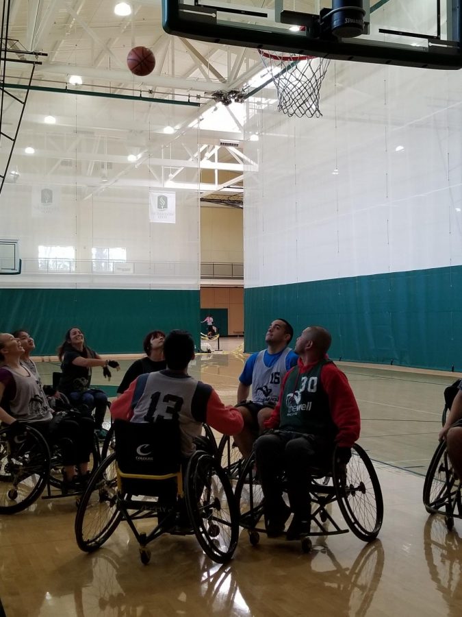 One student hoisted a shot while others away the rebound during All-In-Recreations adaptive basketball on Feb. 15, 2019 in The WELL.