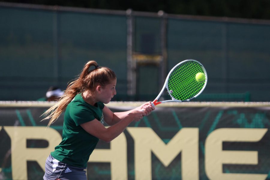 Sacramento+State+sophomore+Jenna+Dorian+battles+UC+Irvine+in+her+doubles+match+taking+a+loss%2C+6-3%2C+at+the+Sacramento+State+Courts+on+March+30%2C+2018.+Despite+the+team+losing+the+first+two+matches+of+the+2019+season%2C+Dorian+believes+theyre+just+getting+started.