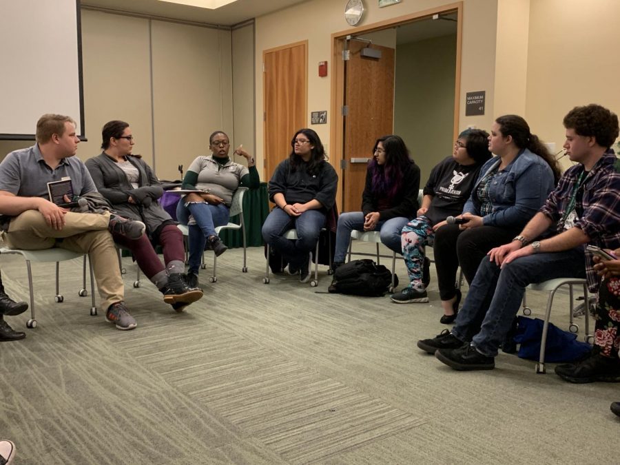 Sac States PRIDE Center’s Program Coordinator Melissa Mugazo explains how students can seek resources on campus during the Religion and Sexuality Panel Monday. Students were encouraged to share their own aspects of religion, spirituality, sexuality, personal stories and ask questions to the staff about their own curiosities.