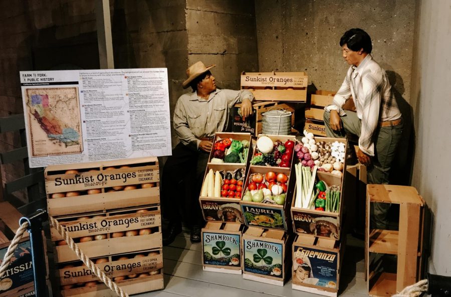 An arrangement of artifacts was placed inside a showcased refrigerator car at the California State Railroad Museum in Sacramento. Chinese immigrants who came to California transformed the land and produced a variety of fruits and vegetables. 