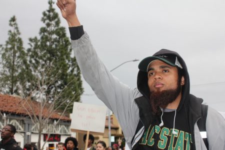 Sac State student Ronnie Guice, a history major, joined the student walkout from Sac City College to the Capitol protesting the Stephon Clark decision Thursday, March 7. Guice said the history of the U.S. was one of genocide in various forms, like rape, murder, ordinances, and laws contributing to the oppression of certain groups. 