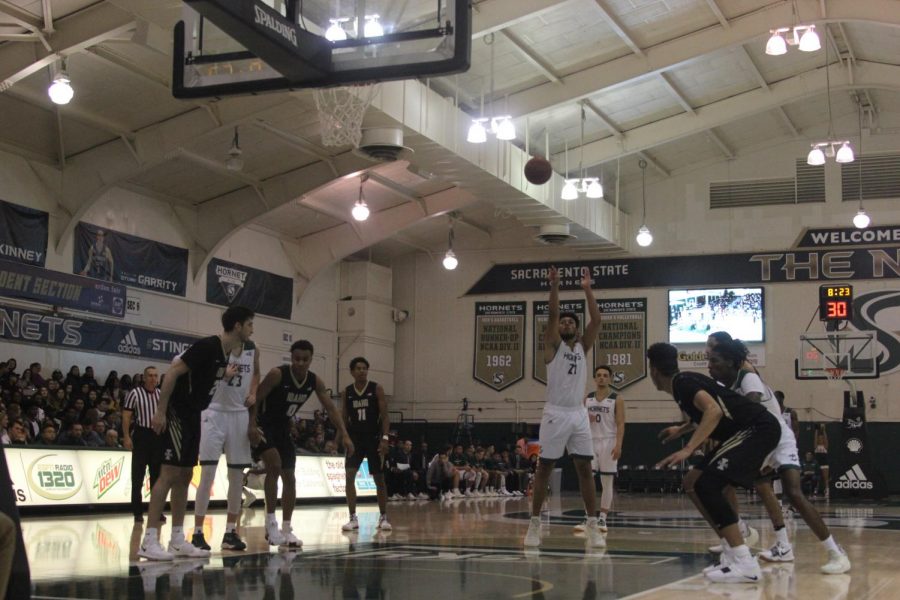 Sac State sophomore Ethan Esposito shoots a free throw during the Hornets 69-48 win over University of Idaho on Jan. 24. The Hornets are currently 13-14 overall and 7-11 in the Big Sky Conference. 