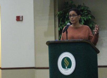 UCLA Professor Kelly Lytle Hernández lectures at Sac State Thursday. Hernández spoke about the history and costs of mass incarceration in Los Angeles, and her digital mapping project of the fiscal costs throughout the area.