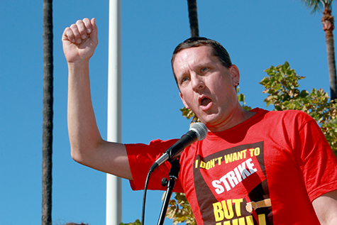 Kevin Wehr, a sociology professor at Sac State, speaks to a rally crowd outside of the California State University Chancellors Office in Long Beach, California. Wehr was formerly head of the Sac State chapter of the California Faculty Association.