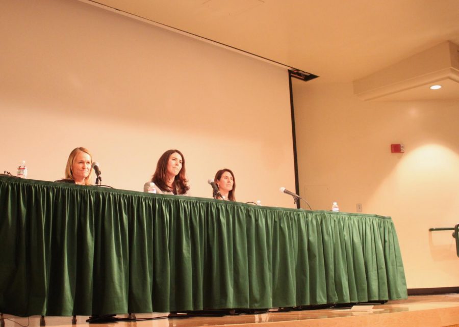 From left: Kristen Tudor, Sarah Kirby-Gonzalez and Rebecca Kluchin speak at the "Women in Politics - Does Policy Make a Difference?" panel on Tuesday, March 12 in the Hinde auditorium. The panel was a part of a series to help celebrate women's history month on campus.