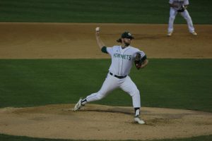 Sac State junior right-handed pitcher Austin Roberts throws a pitch in a 6-0 win over Cal Tuesday at John Smith Field. Roberts started and got the win despite only pitching two innings in the victory.