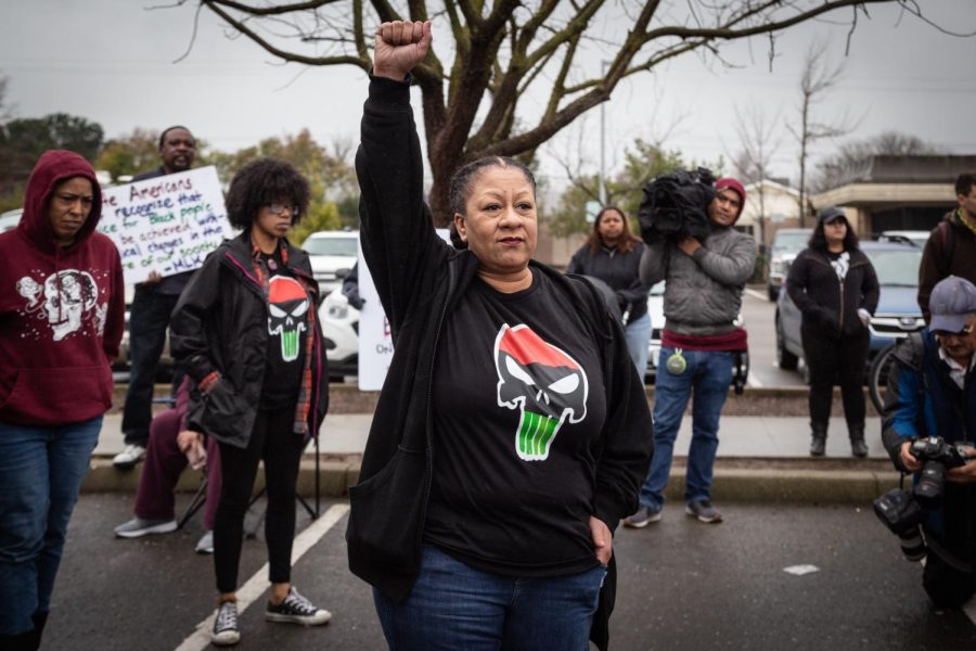 Tanya Faison, Sacramentos Chapter Leader for Black Lives Matter chants with 
a group of protestors on March 2 outside the Sacramento Police Department headquarters on Freeport Boulevard. The Sacramento County District Attorneys decision not to charge the officers responsible for shooting and killing unarmed 22-year-old Stephon Clark has sparked multiple protests and other events to be planned in Sacramento and Sac State.