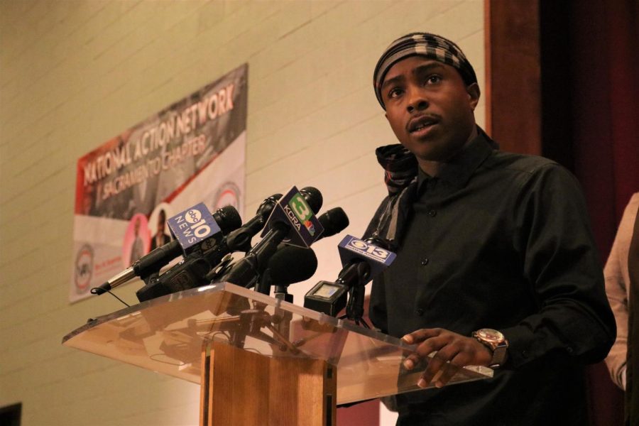 Stevante Clark, Stephon Clarks brother, speaks on behalf of his family at a press conference being held at at Genesis Church on Sunday. Stevante announced a weekend-long Stephon Clark legacy celebration that will feature brunches, socials and community ceremonies.