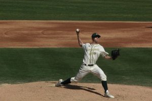 Sac State sophomore right-handed pitcher Scott Randall throws a pitch in a 7-0 win against Rider on March 17 at John Smith Field. Randall pitched very well with a final line of 8 IP, 2 H, 0 ER, 1 BB, 8 SO in the win.