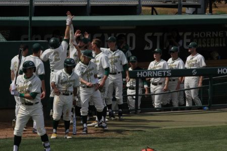 Sac State senior outfielder Bronson Grubbs (#2) jumps and high-fives teammate, junior right-handed pitcher Austin Roberts, after scoring a run in a 5-3 loss to UT Rio Grande Valley Sunday at John Smith Field. Grubbs had one hit, one RBI and one run scored in the loss.