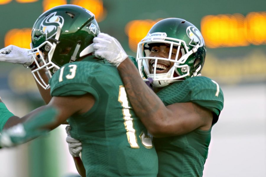 Sacramento State wide receiver Andre Lindsey (7) celebrates with Jaelin Ratliff during the 2018 season. Lindsey signed with the Kansas City Chiefs as an undrafted free agent following the 2019 NFL Draft.