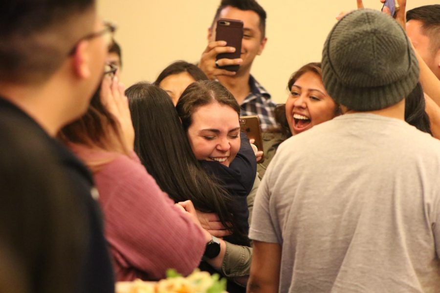 Newly-elect Associated Students, Inc. Vice President of Finance Denisse Garcia celebrating with former ASI President Mia Kagianas. Garcia was elected into her new position at an election party held at The Well April 10, 2019. 
