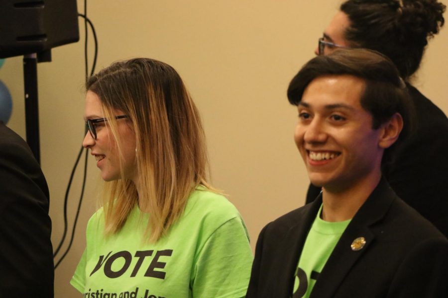 Jen Gross and Christian Miguel Landaverde after hearing the results of the Associated Students, Inc. elections on April 10, 2019, at the elections party. Gross and Miguel ran for the president and executive vice-president positions, winning by 52 votes above Virginia Diaz Lazaro & Migdalia Sazo. 