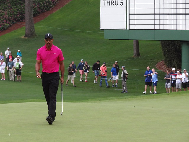 Tiger Woods walks off the sixth green during a practice round on Tuesday April 7, 2015. He would go on to finish tied for 17th at the event. 