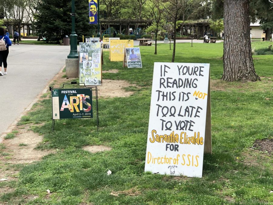 Sac+State+ASI+election+campaign+signs+were+lined+up+in+the+University+Library+quad+walkway+on+Thursday.+Voting+for+elections+will+take+place+Tuesday+and+Wednesday+in+the+University+Union.